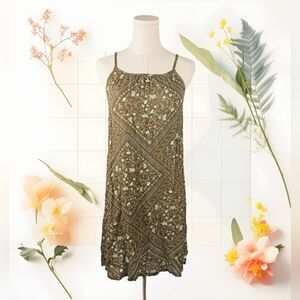 Planet Gold Olive Green Boho Print Spaghetti Strap Mini Dress Sz S 100% Rayon